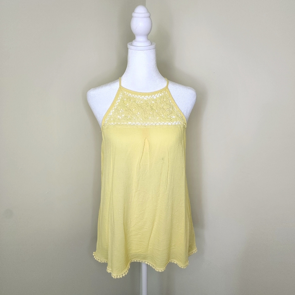 Xhilaration Yellow High-Low Halter Neck Crochet Detail Gauzy Top Large